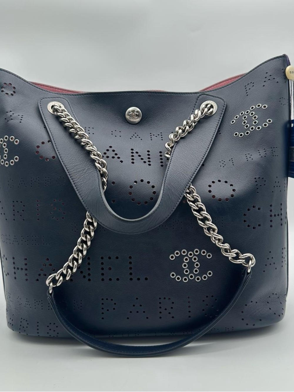 Chanel Perforated Logo Chain Tote in navy calfskin silver metal runway exclusive
